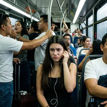 Joven en un bus lleno intentando escuchar música con audífonos de cable