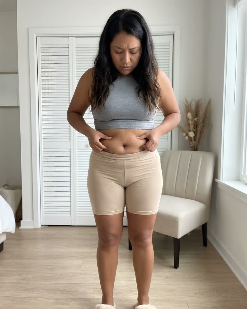 Antes: la misma clienta sin faja, pellizcándose la barriga